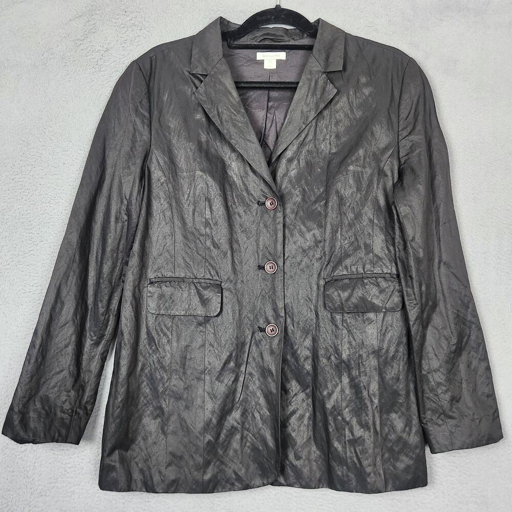 Garnet Hill Jacket Womens 10 Black Metallic Lined Four Button Cotton Blend